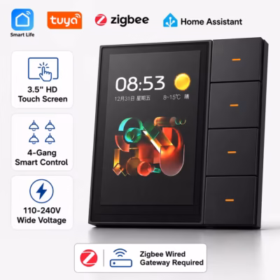 کلید ترکیبی 4 پل زیگبی و پنل لمسی ۳.۵ اینچ Tuya مدل ZIGBEE - F3 Pro - رنگ مشکی
