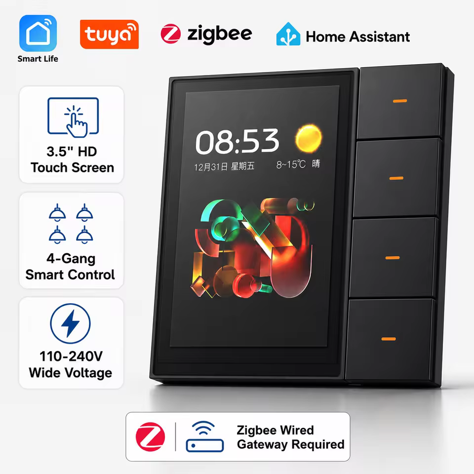 کلید ترکیبی 4 پل زیگبی و پنل لمسی ۳.۵ اینچ Tuya مدل ZIGBEE – F3 Pro کلید ترکیبی 4 پل زیگبی و پنل لمسی ۳.۵ اینچ Tuya مدل ZIGBEE - F3 Pro - رنگ مشکی - Image 1